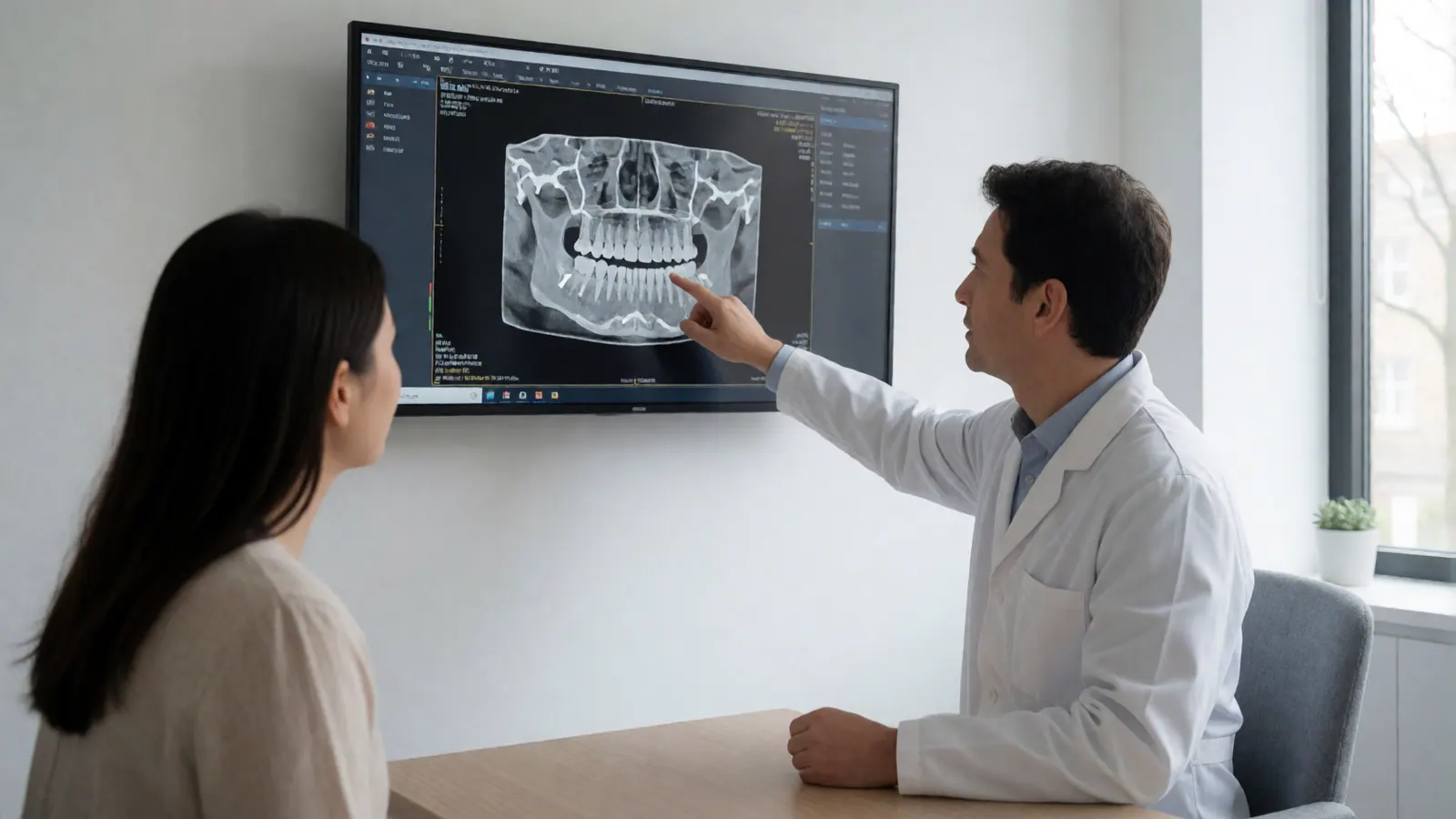 A dentist explaining a 3D dental scan on a monitor to a patient at Woodside Dental Care