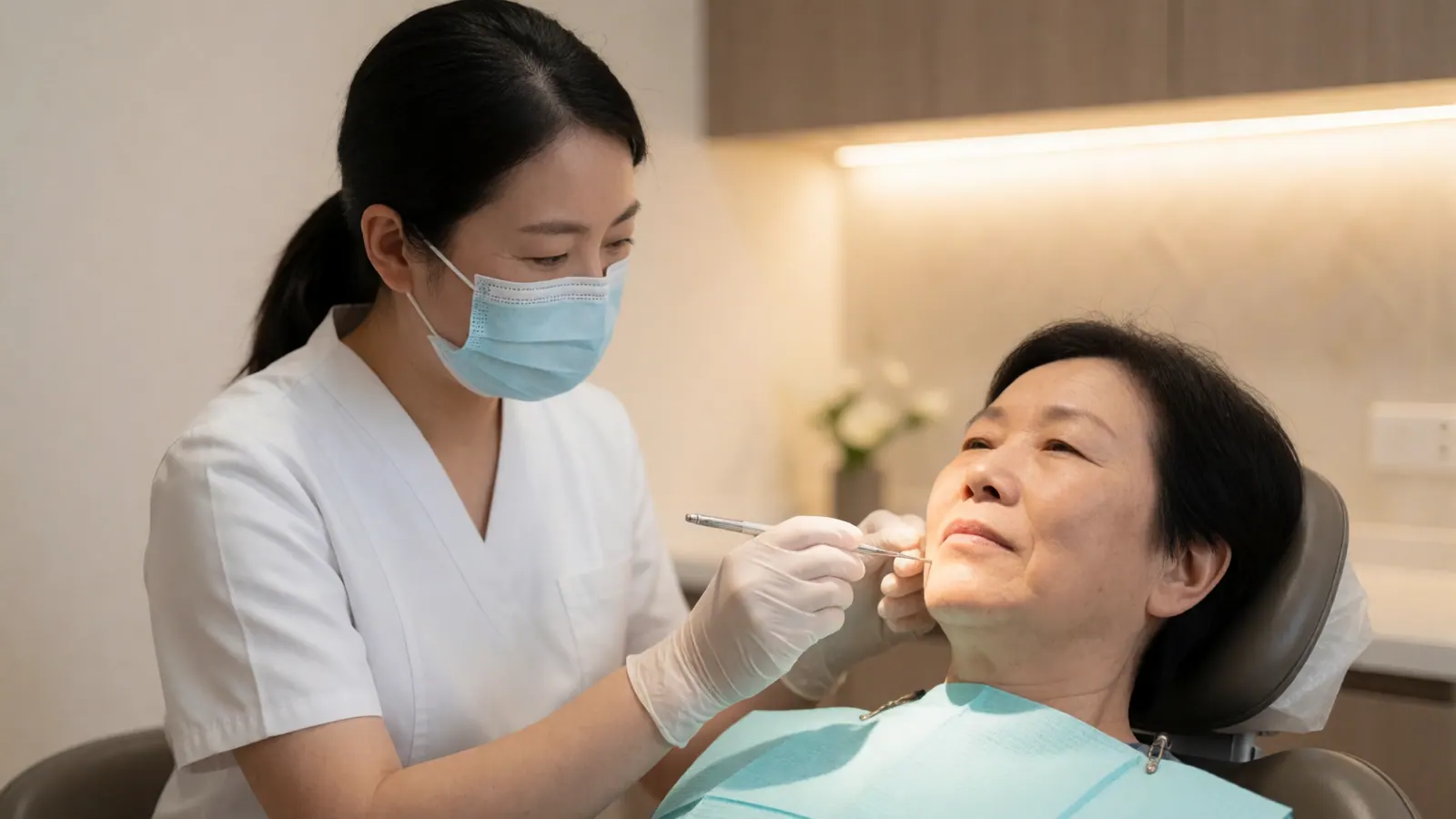 A dentist calmly examining a patient in pain at Woodside Dental Care