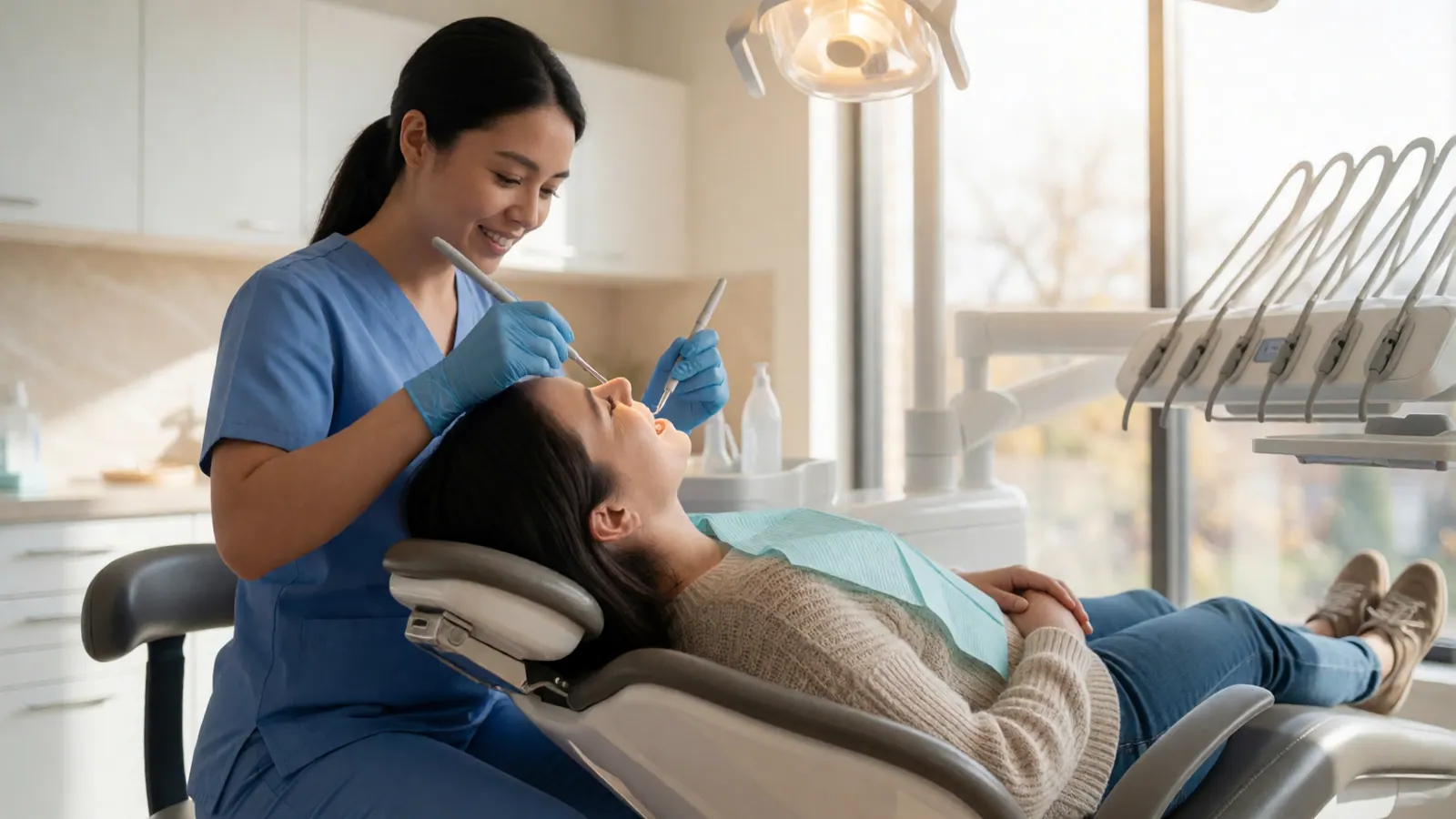 A dental hygienist gently cleaning a relaxed patient's teeth at Woodside Dental Care