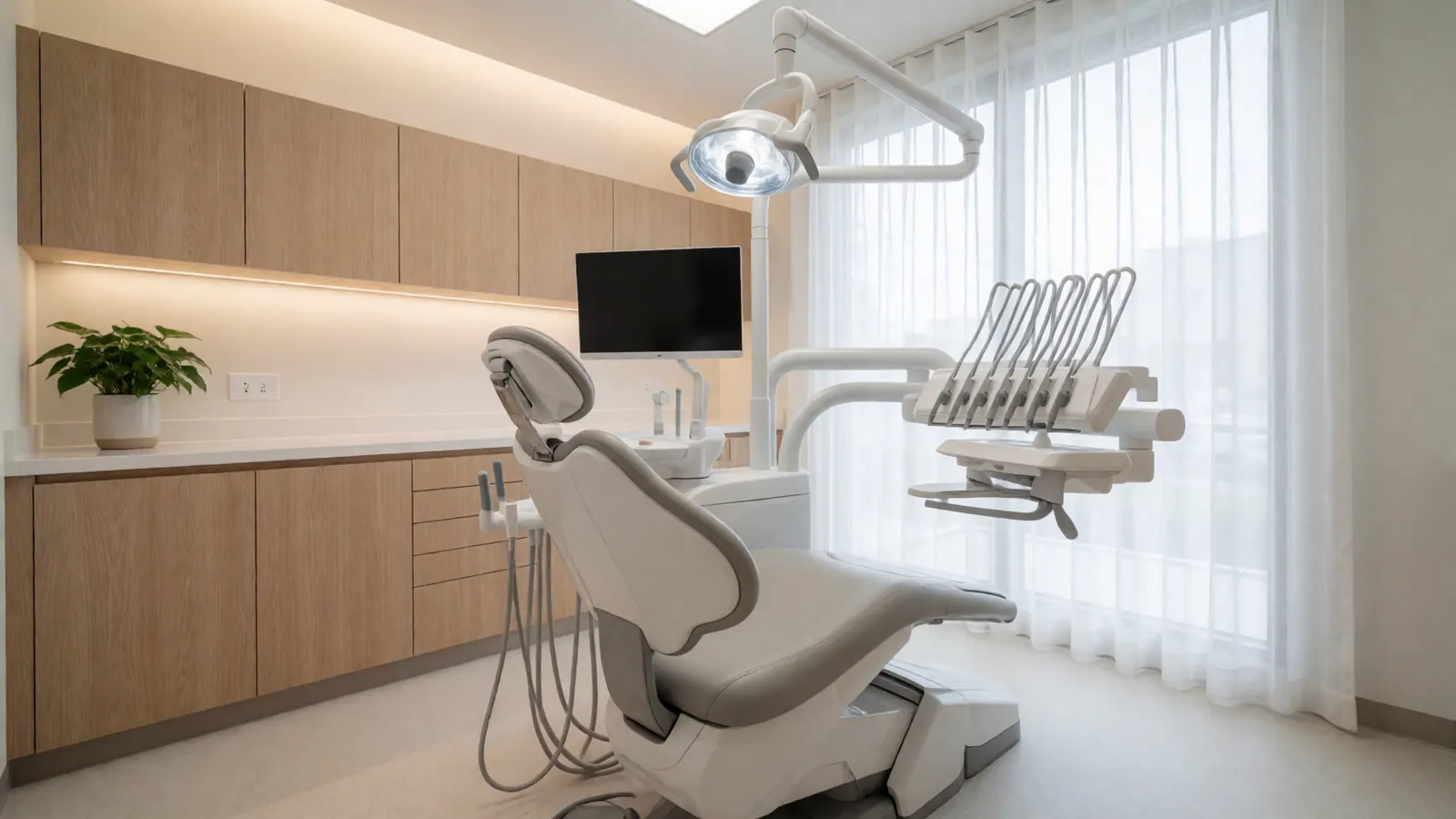 A modern dental treatment room at Woodside Dental Care with a large window and daylight
