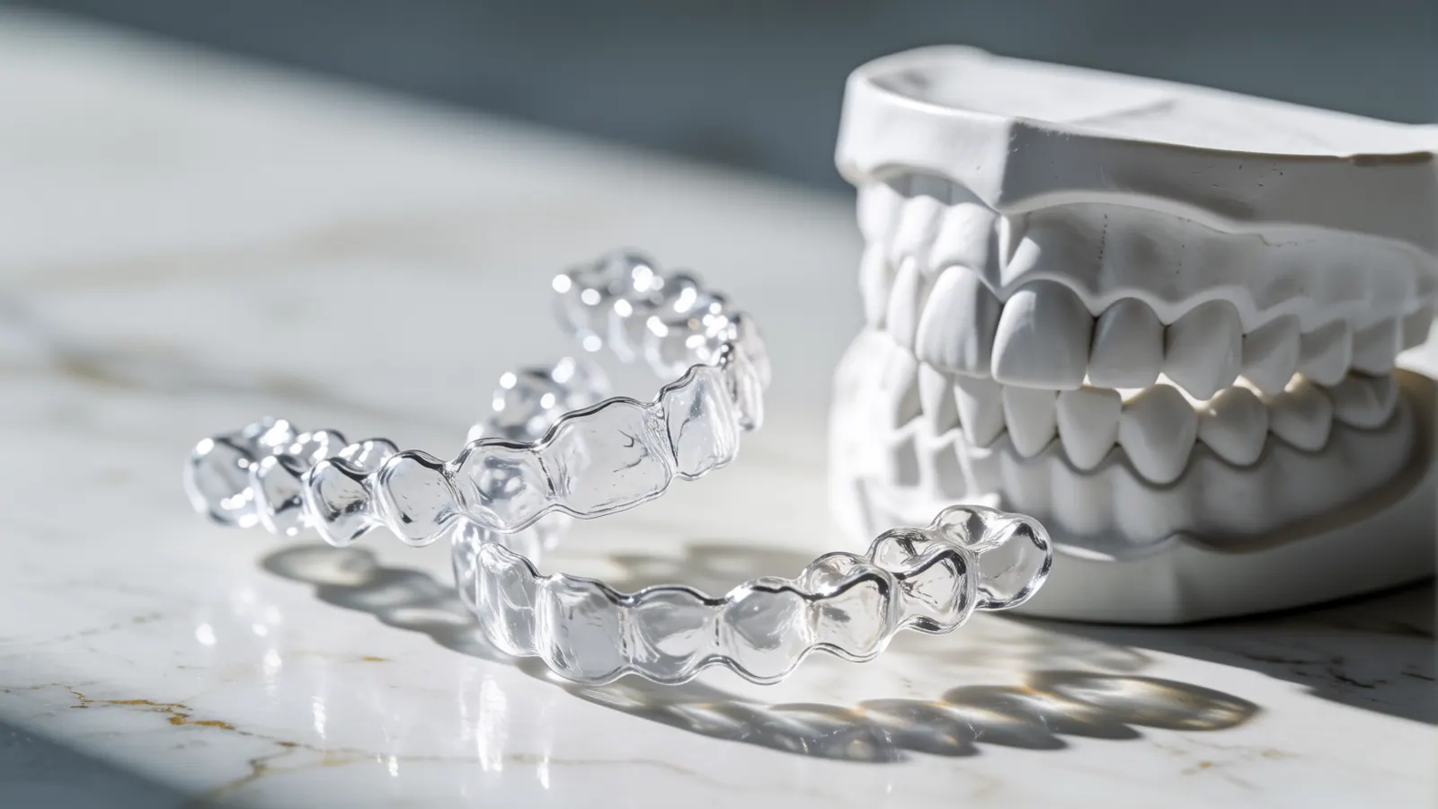 Clear orthodontic aligner trays and a dental arch model on a pale marble surface
