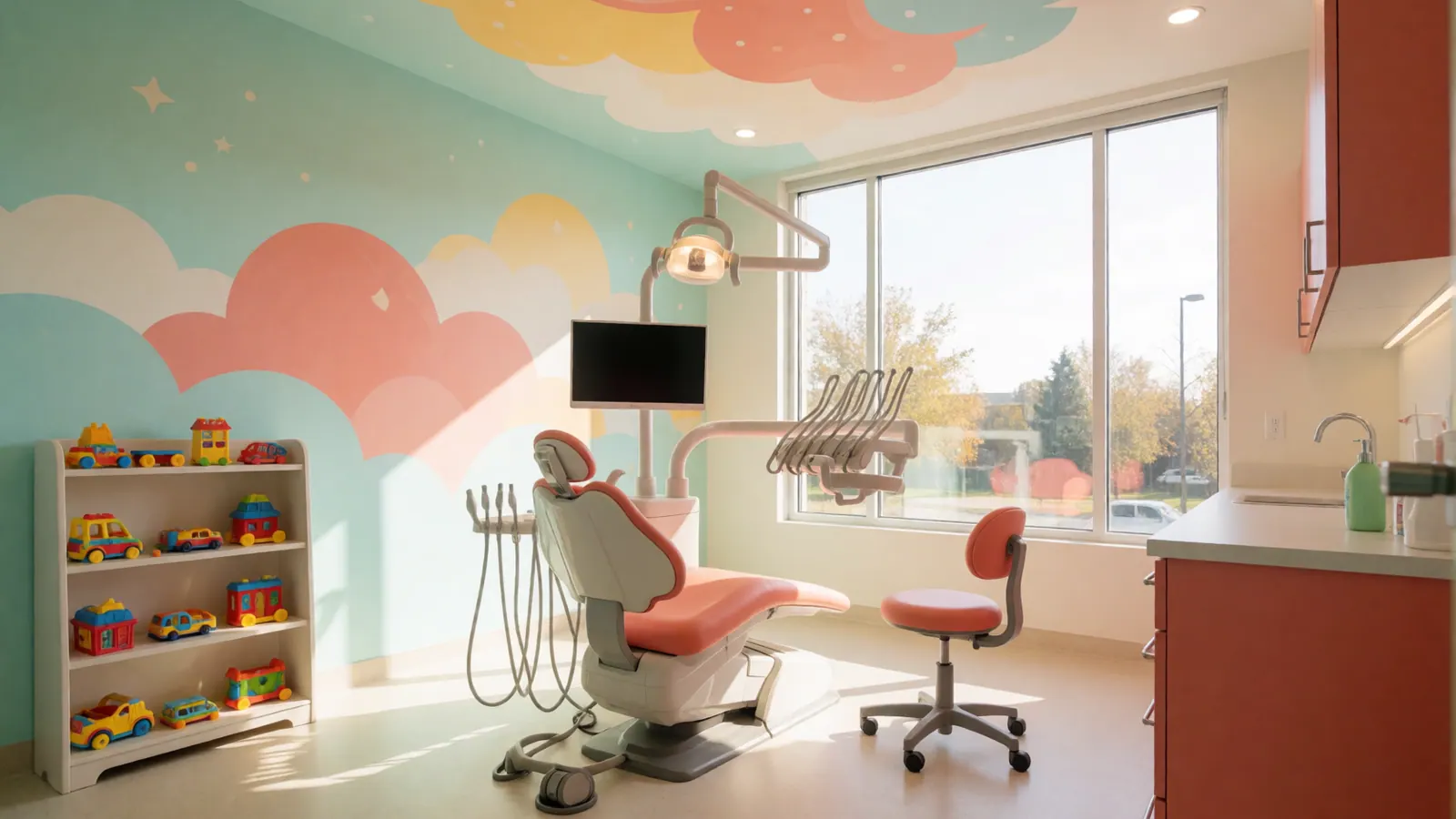 The children's treatment room at Woodside Dental Care, with a cloud mural, toy shelf and a small dental chair