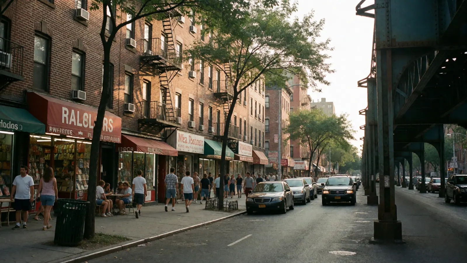 A Woodside, Queens street under the elevated subway line, with brick apartment buildings and small storefronts